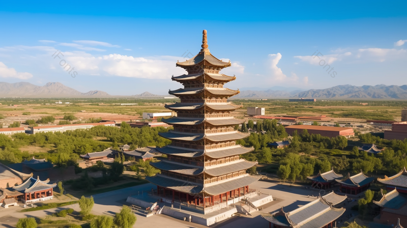 蓝天白云下的古建筑群中的木塔古建筑,高清,摄影图,摄影图片,图片大全,摄影图免费下载